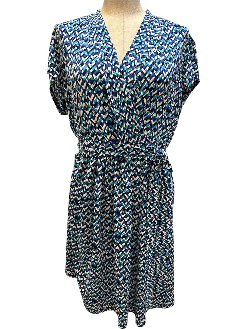 Liz Claiborne Navy Blue and Teal Patterned Retro Style Wrap Dress - XL